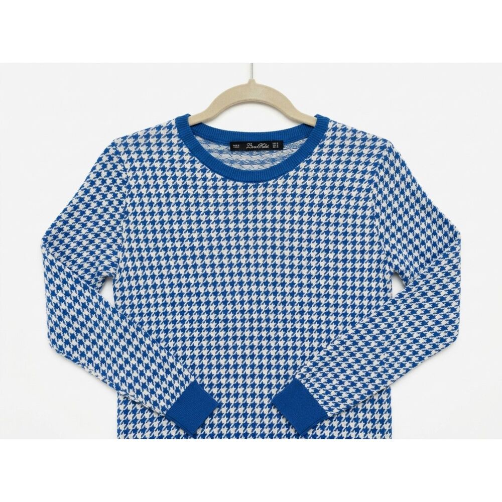 Zara Knit Blue & White Houndstooth Long Sleeve Pullover Sweater Size M